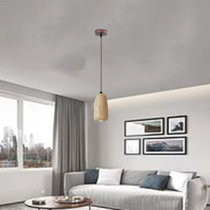 Traditional Japanese Travertine Wood Cylinder Round Bowl Ball 1-Light Pendant Light For Bedside