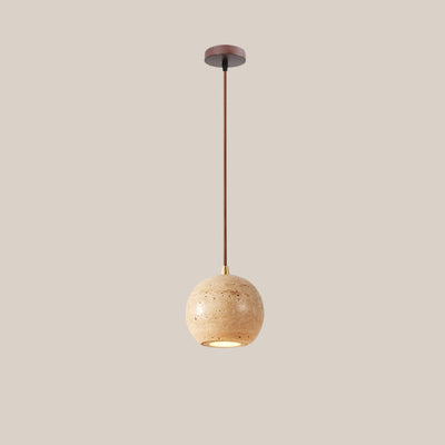 Suspension Luminaire 1 Lumière avec Boule Ronde en Bois de Travertin Traditionnel Japonais pour Chevet 