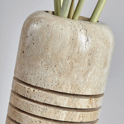 Traditional Japanese Travertine Handmade Cylinder Skeleton Stripe 1-Light Standing Floor Lamp For Living Room