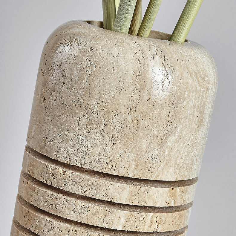 Traditional Japanese Travertine Handmade Cylinder Skeleton Stripe 1-Light Standing Floor Lamp For Living Room