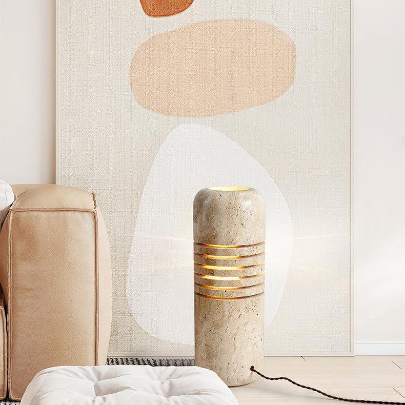 Traditional Japanese Travertine Handmade Cylinder Skeleton Stripe 1-Light Standing Floor Lamp For Living Room