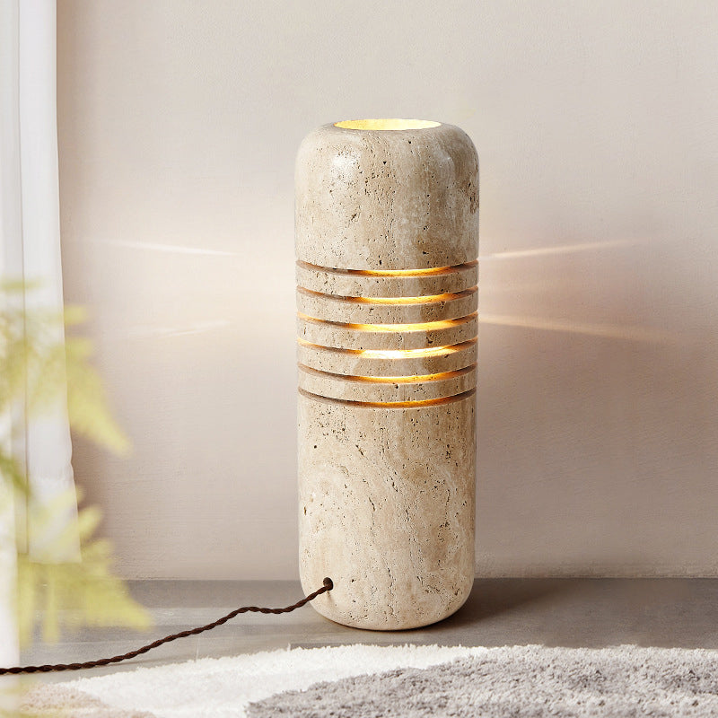 Traditional Japanese Travertine Handmade Cylinder Skeleton Stripe 1-Light Standing Floor Lamp For Living Room