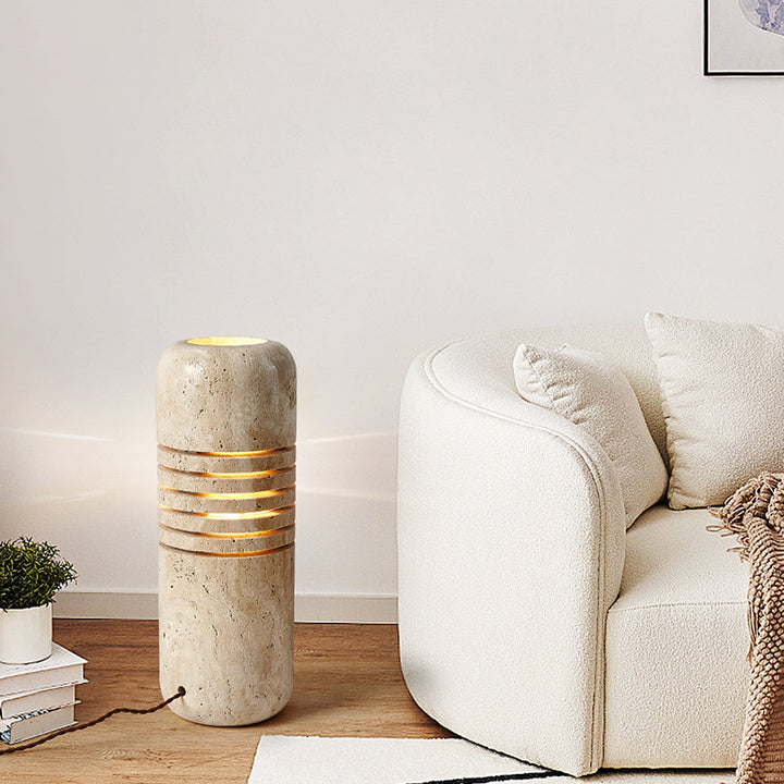 Lampe de sol traditionnelle japonaise en travertin fait main avec cylindre à rayures squelettiques à 1 lumière pour salon 