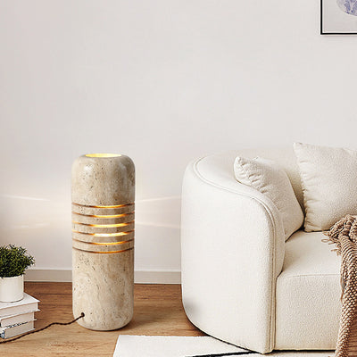Traditional Japanese Travertine Handmade Cylinder Skeleton Stripe 1-Light Standing Floor Lamp For Living Room