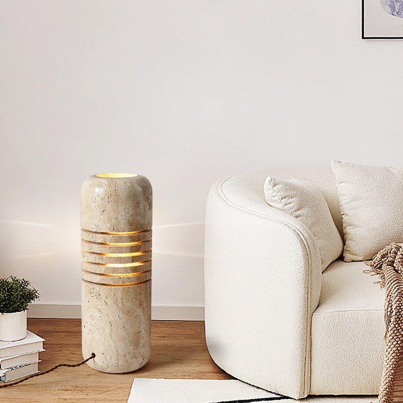 Traditional Japanese Travertine Handmade Cylinder Skeleton Stripe 1-Light Standing Floor Lamp For Living Room