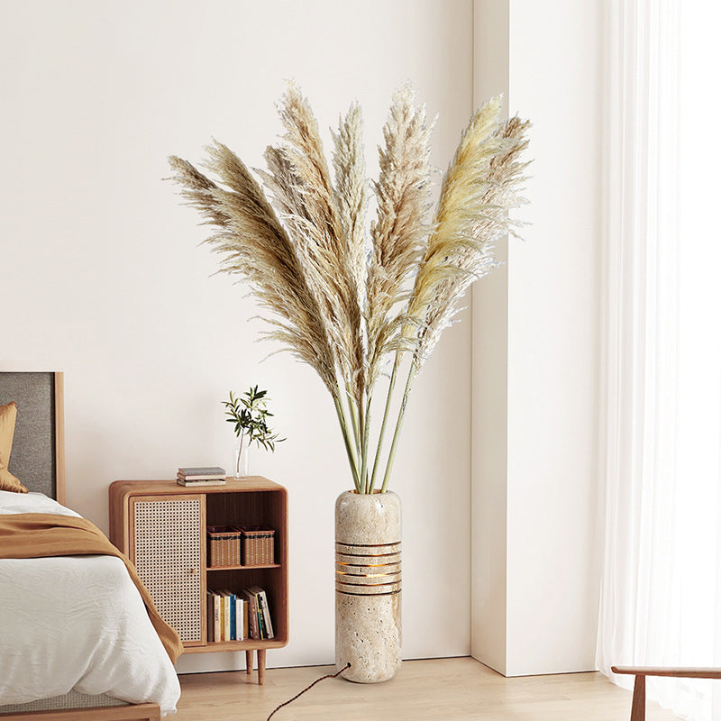 Traditional Japanese Travertine Handmade Cylinder Skeleton Stripe 1-Light Standing Floor Lamp For Living Room