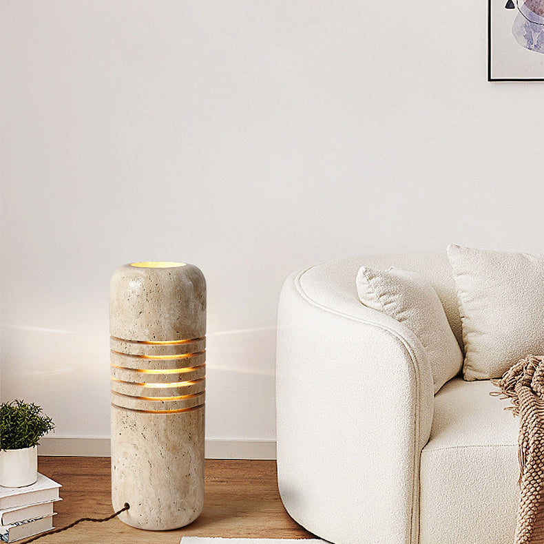 Traditional Japanese Travertine Handmade Cylinder Skeleton Stripe 1-Light Standing Floor Lamp For Living Room