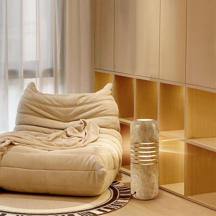 Lampe de sol traditionnelle japonaise en travertin fait main avec cylindre à rayures squelettiques à 1 lumière pour salon 