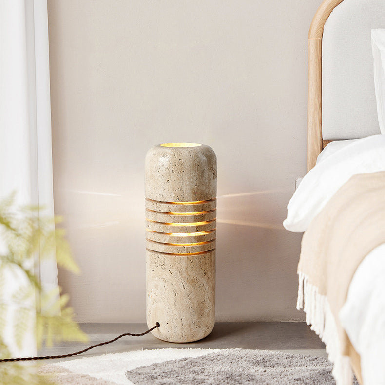Traditional Japanese Travertine Handmade Cylinder Skeleton Stripe 1-Light Standing Floor Lamp For Living Room