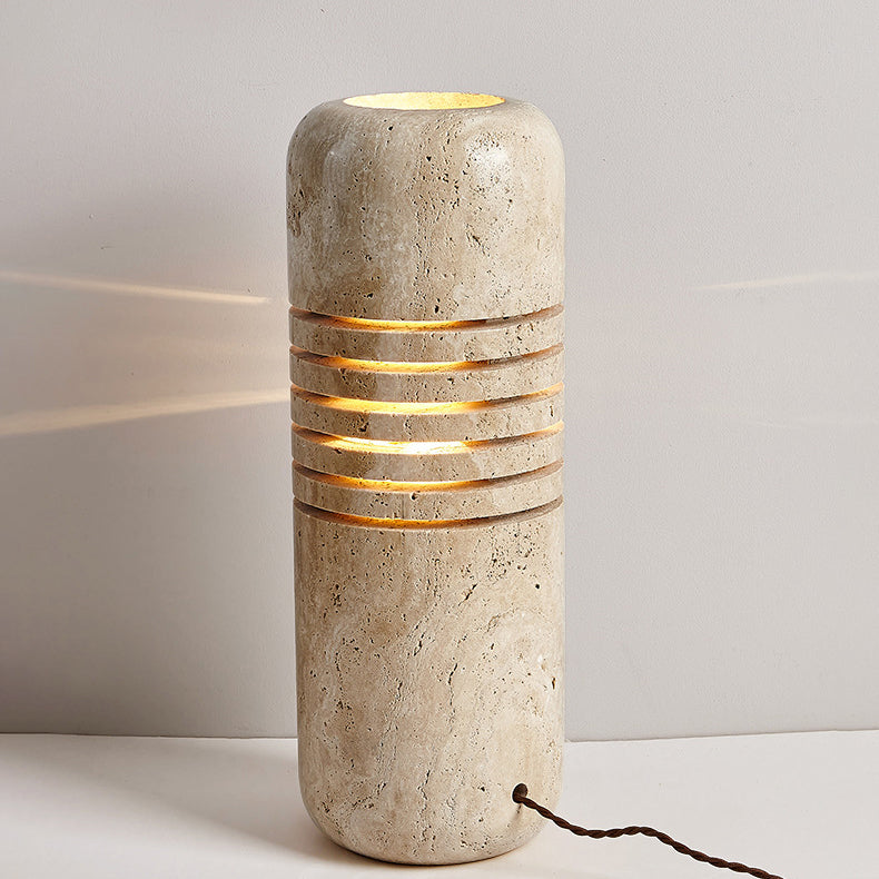Traditional Japanese Travertine Handmade Cylinder Skeleton Stripe 1-Light Standing Floor Lamp For Living Room