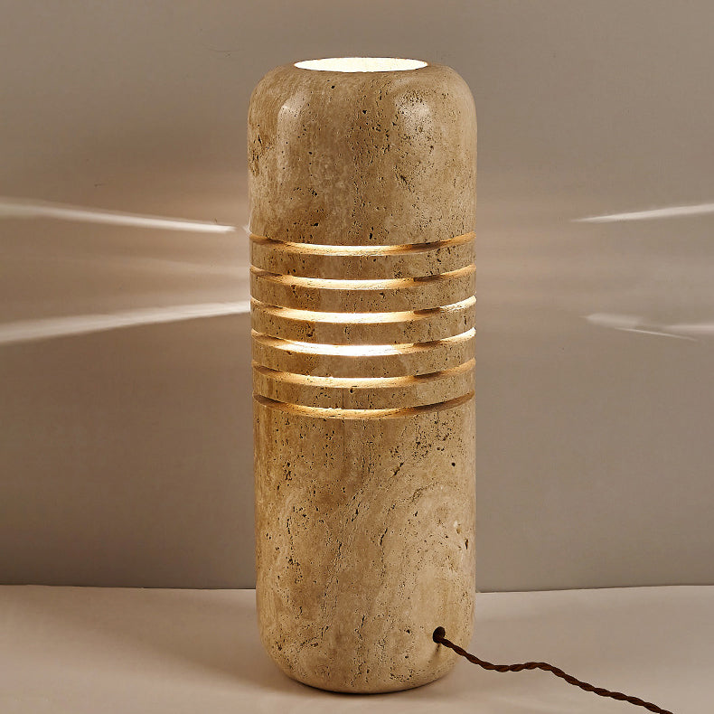 Traditional Japanese Travertine Handmade Cylinder Skeleton Stripe 1-Light Standing Floor Lamp For Living Room