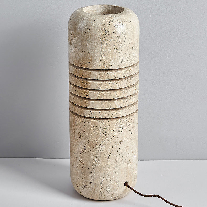 Traditional Japanese Travertine Handmade Cylinder Skeleton Stripe 1-Light Standing Floor Lamp For Living Room