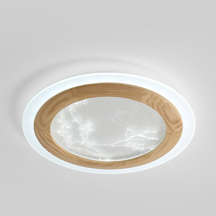 Plafonnier LED en bois de frêne japonais traditionnel acrylique rond carré branche de fleur pour chambre à coucher 