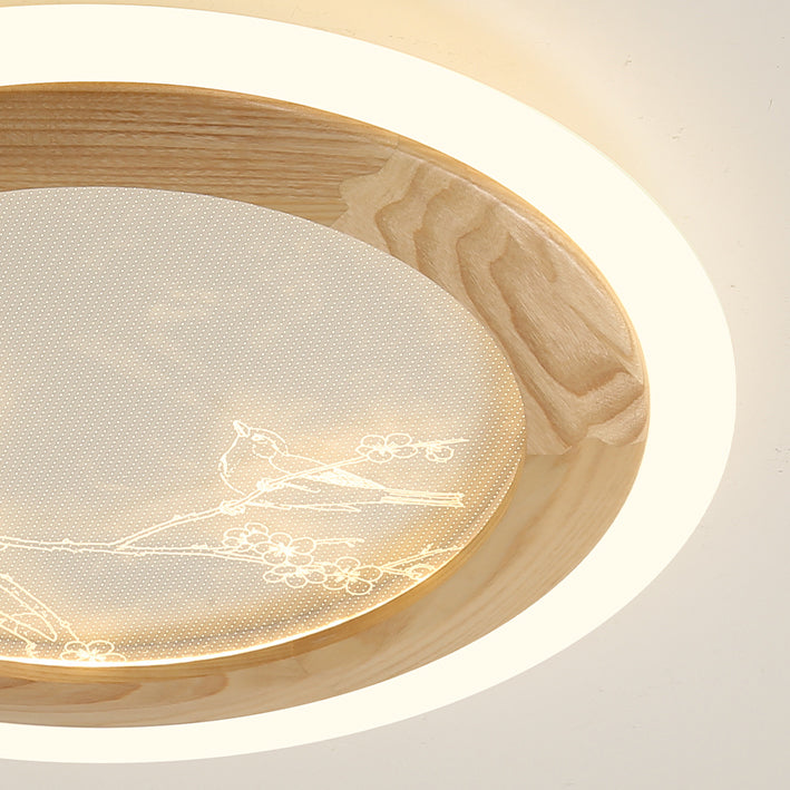 Plafonnier LED en bois de frêne japonais traditionnel acrylique rond carré branche de fleur pour chambre à coucher 