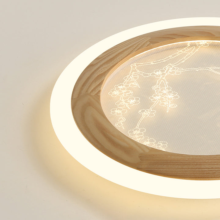 Plafonnier LED en bois de frêne japonais traditionnel acrylique rond carré branche de fleur pour chambre à coucher 
