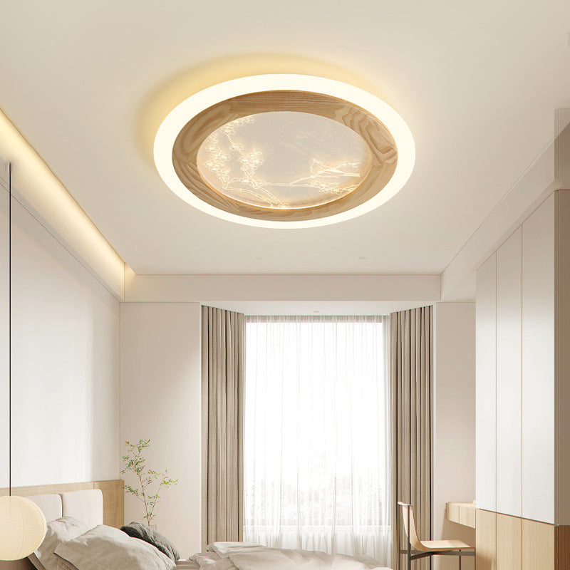 Plafonnier LED en bois de frêne japonais traditionnel acrylique rond carré branche de fleur pour chambre à coucher 