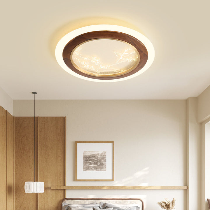 Plafonnier LED en bois de frêne japonais traditionnel acrylique rond carré branche de fleur pour chambre à coucher 