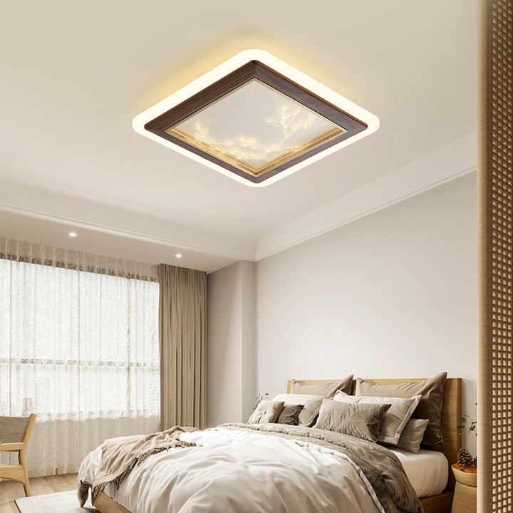 Plafonnier LED en bois de frêne japonais traditionnel acrylique rond carré branche de fleur pour chambre à coucher 