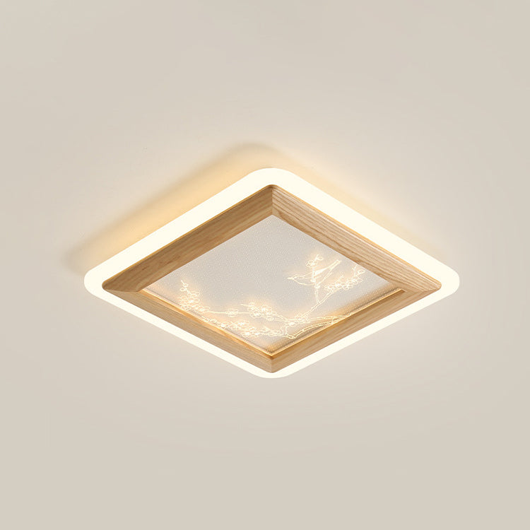 Plafonnier LED en bois de frêne japonais traditionnel acrylique rond carré branche de fleur pour chambre à coucher 