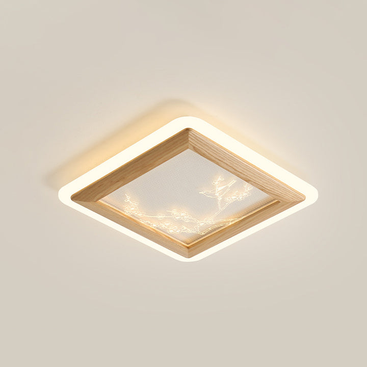 Plafonnier LED en bois de frêne japonais traditionnel acrylique rond carré branche de fleur pour chambre à coucher 