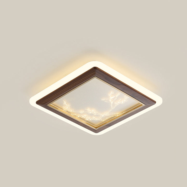 Plafonnier LED en bois de frêne japonais traditionnel acrylique rond carré branche de fleur pour chambre à coucher 