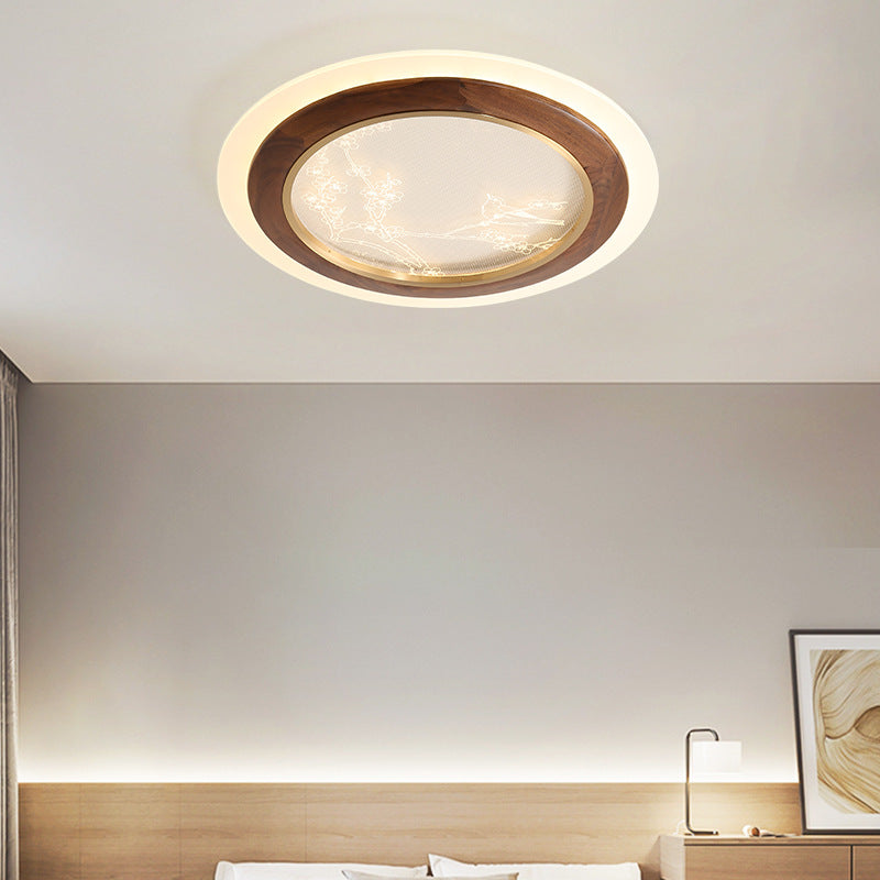 Plafonnier LED en bois de frêne japonais traditionnel acrylique rond carré branche de fleur pour chambre à coucher 