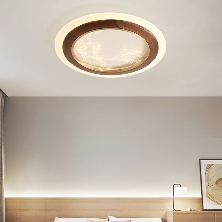 Plafonnier LED en bois de frêne japonais traditionnel acrylique rond carré branche de fleur pour chambre à coucher 