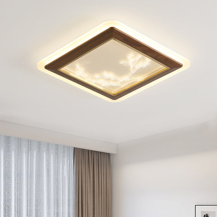 Plafonnier LED en bois de frêne japonais traditionnel acrylique rond carré branche de fleur pour chambre à coucher 