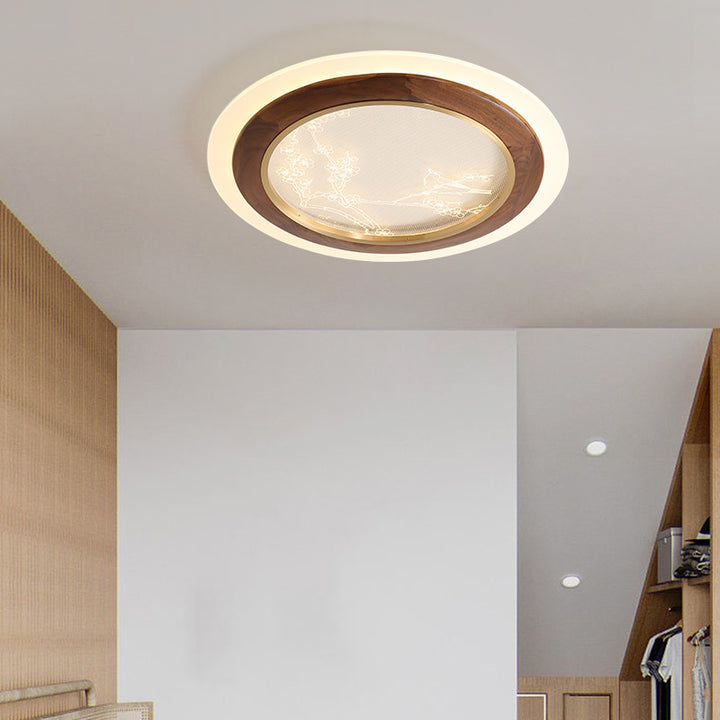 Plafonnier LED en bois de frêne japonais traditionnel acrylique rond carré branche de fleur pour chambre à coucher 