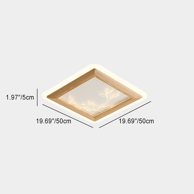 Plafonnier LED en bois de frêne japonais traditionnel acrylique rond carré branche de fleur pour chambre à coucher 