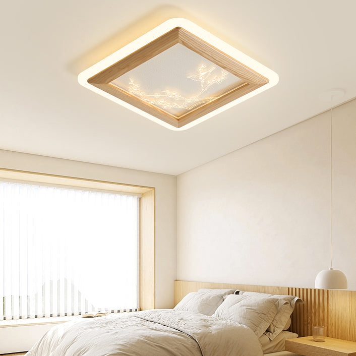 Plafonnier LED en bois de frêne japonais traditionnel acrylique rond carré branche de fleur pour chambre à coucher 