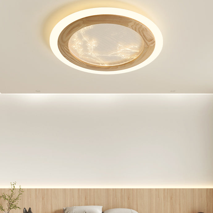 Plafonnier LED en bois de frêne japonais traditionnel acrylique rond carré branche de fleur pour chambre à coucher 