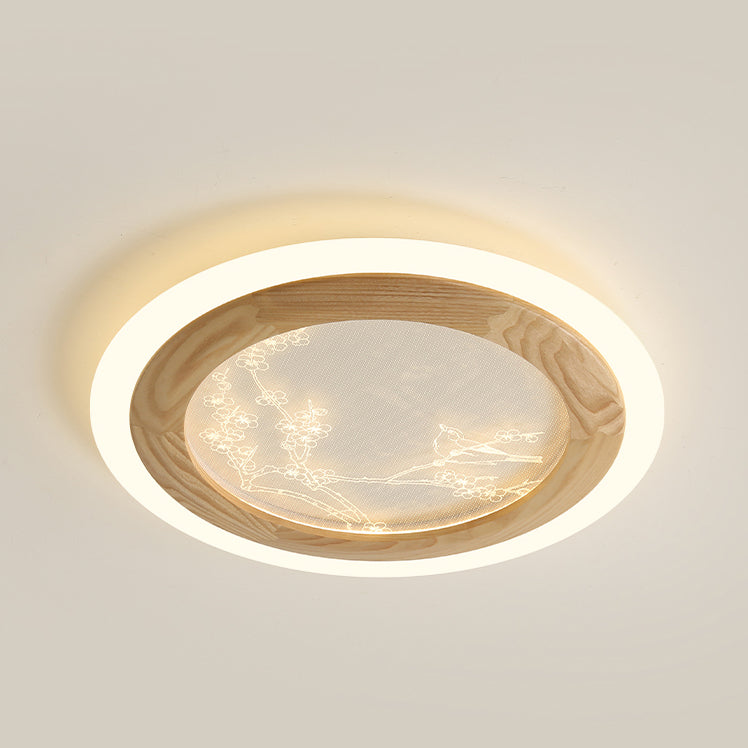 Plafonnier LED en bois de frêne japonais traditionnel acrylique rond carré branche de fleur pour chambre à coucher 