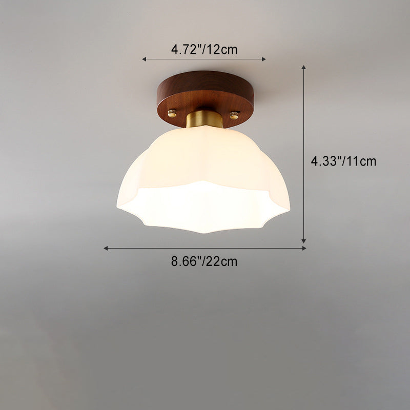 Zeitgenössische Retro-Deckenleuchte mit runder 1-flammiger, halbbündiger Deckenleuchte aus Walnuss-Metall und Glas für den Flur 