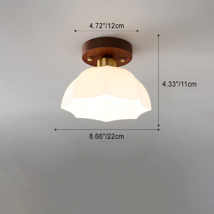 Zeitgenössische Retro-Deckenleuchte mit runder 1-flammiger, halbbündiger Deckenleuchte aus Walnuss-Metall und Glas für den Flur 