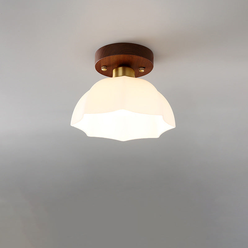 Zeitgenössische Retro-Deckenleuchte mit runder 1-flammiger, halbbündiger Deckenleuchte aus Walnuss-Metall und Glas für den Flur 