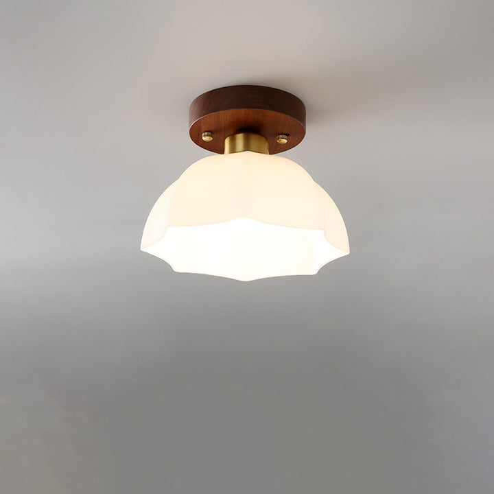 Zeitgenössische Retro-Deckenleuchte mit runder 1-flammiger, halbbündiger Deckenleuchte aus Walnuss-Metall und Glas für den Flur 