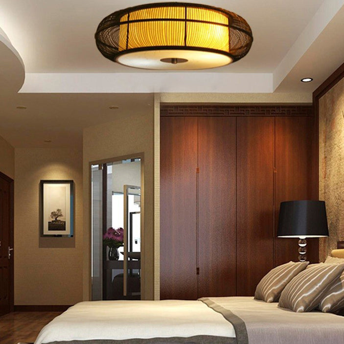 Traditional Japanese Weaving Handmade Bamboo Round Cylinder 3/4 Light Chandeliers For Dining Room