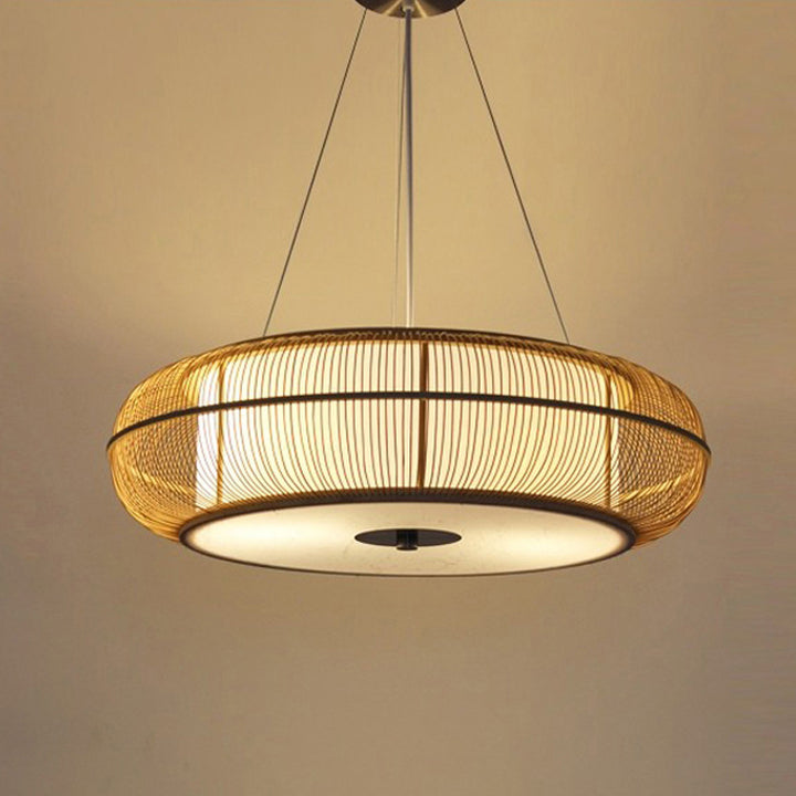 Traditional Japanese Weaving Handmade Bamboo Round Cylinder 3/4 Light Chandeliers For Dining Room