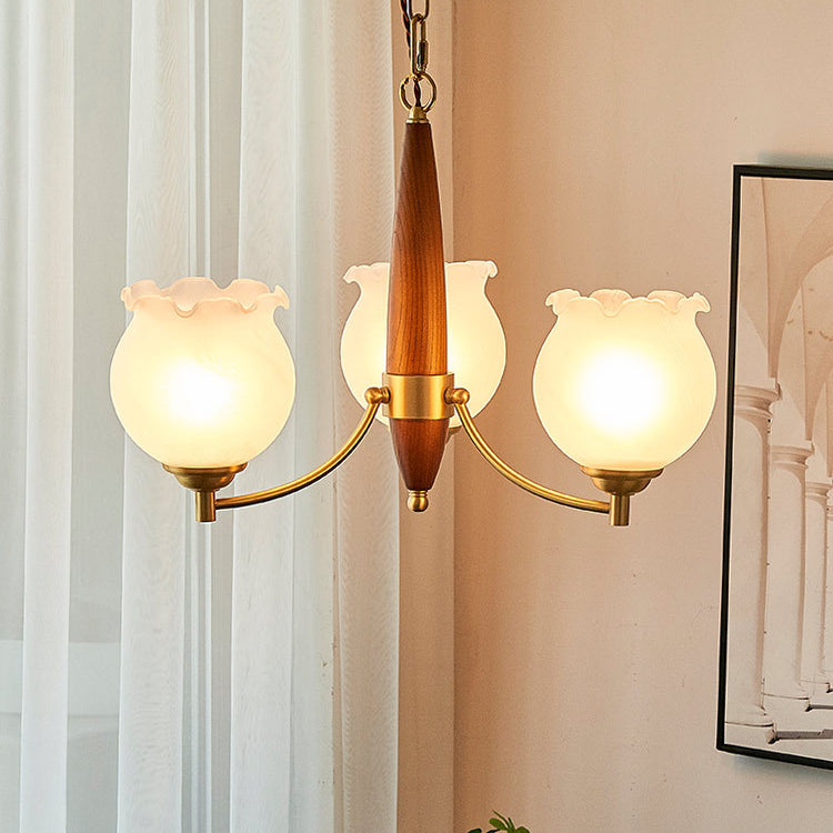 Lustre suspendu traditionnel français en cuivre, bois, verre, tulipe, bourgeon de fleur 1/3/5/8 lumières pour chambre à coucher 