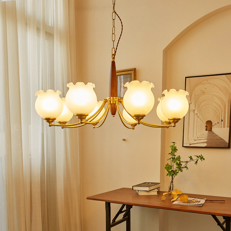 Lustre suspendu traditionnel français en cuivre, bois, verre, tulipe, bourgeon de fleur 1/3/5/8 lumières pour chambre à coucher 