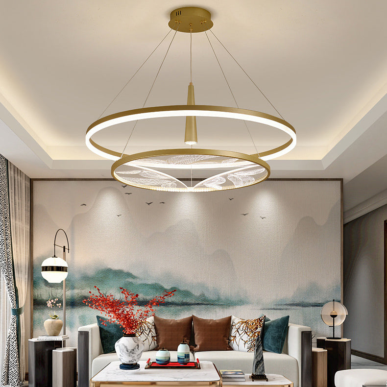 Lustres LED ronds à 2 niveaux en fer, aluminium et acrylique chinois traditionnel pour salon 