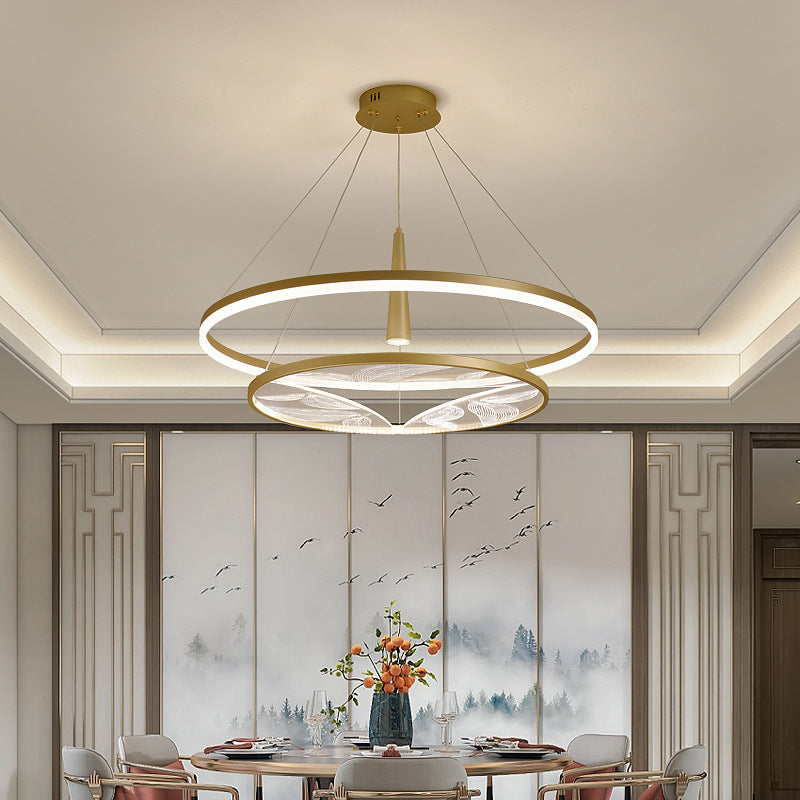 Lustres LED ronds à 2 niveaux en fer, aluminium et acrylique chinois traditionnel pour salon 