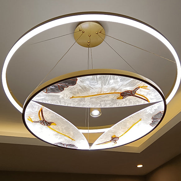 Lustres LED ronds à 2 niveaux en fer, aluminium et acrylique chinois traditionnel pour salon 