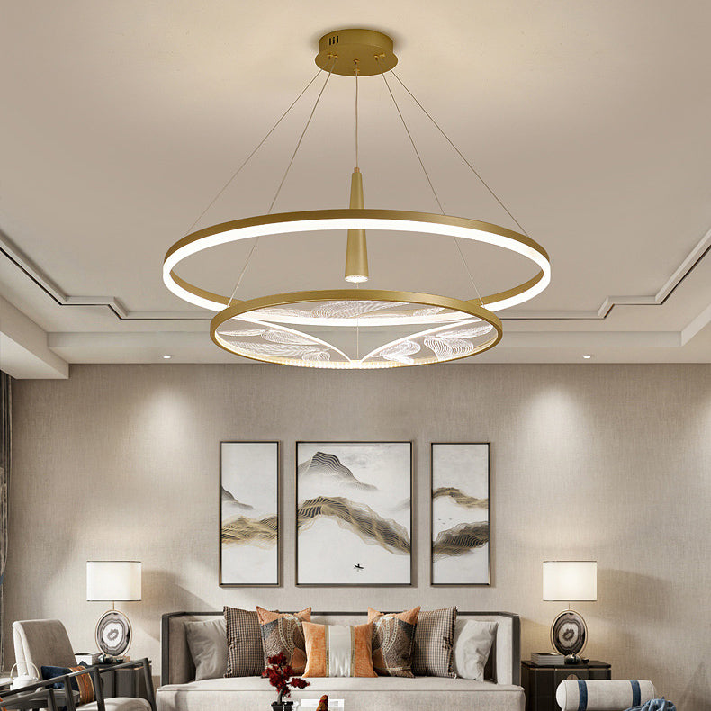 Lustres LED ronds à 2 niveaux en fer, aluminium et acrylique chinois traditionnel pour salon 