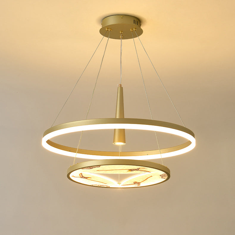 Lustres LED ronds à 2 niveaux en fer, aluminium et acrylique chinois traditionnel pour salon 