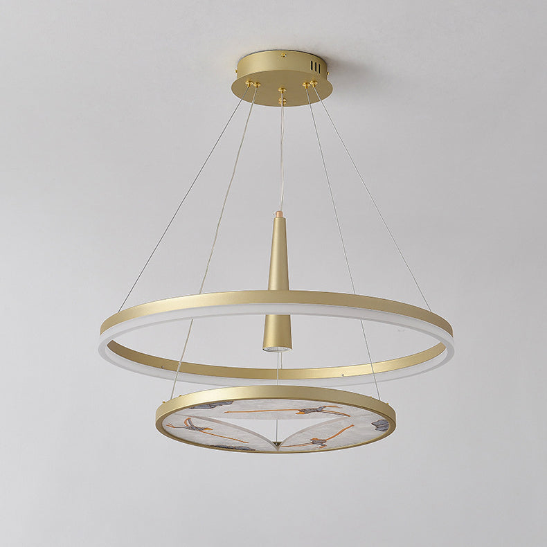 Lustres LED ronds à 2 niveaux en fer, aluminium et acrylique chinois traditionnel pour salon 