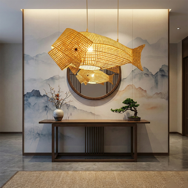Suspension lumineuse elliptique 1 lumière en bambou tissé traditionnel japonais en forme de poisson pour salle à manger 