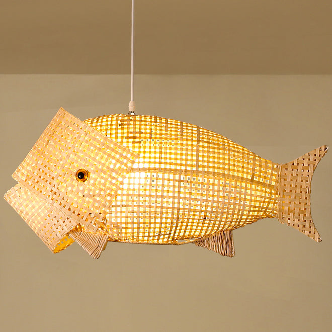 Suspension lumineuse elliptique 1 lumière en bambou tissé traditionnel japonais en forme de poisson pour salle à manger 