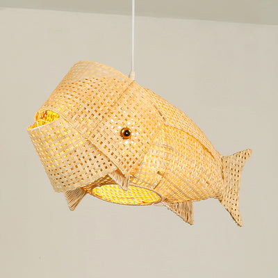 Suspension lumineuse elliptique 1 lumière en bambou tissé traditionnel japonais en forme de poisson pour salle à manger 